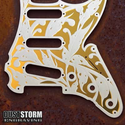 White Fender Strat Guitar Body Custom Laser Engraved White and Gold Mirror Pickguard, White Tremolo Cover HSH, HSS, SSS Setup Available image 3