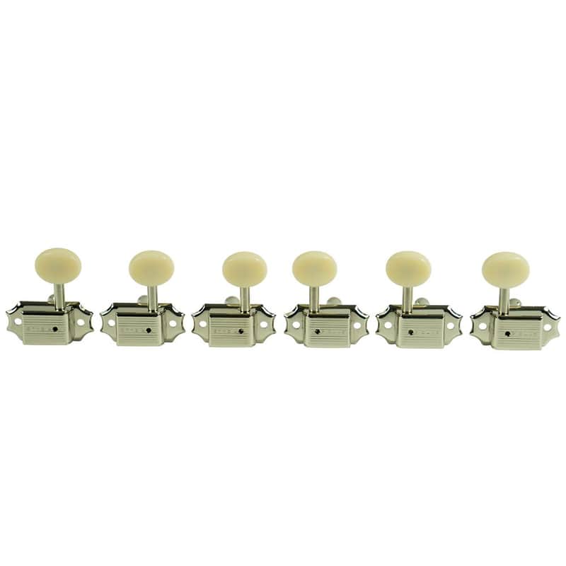 Kluson 3 Per Side Deluxe Series Tuning Machines - Single Line - Standard Post - Nickel With Plastic Oval Buttons image 1