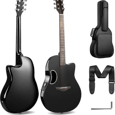 Acoustic Electric Guitar Kit - 41” Carbon Fiber Adult Beginner Set with Bag and Strap Built-In Pickup Rich Resonance & Warm Tone for Performance Ready, High-Gloss Black Finish image 1