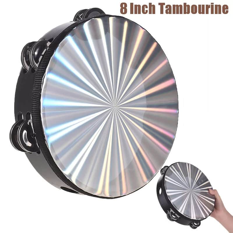 8 Inch Wooden Radiant Tambourine – Double Row Jingles, Reflective Drum Head, Handheld Percussion Instrument image 1