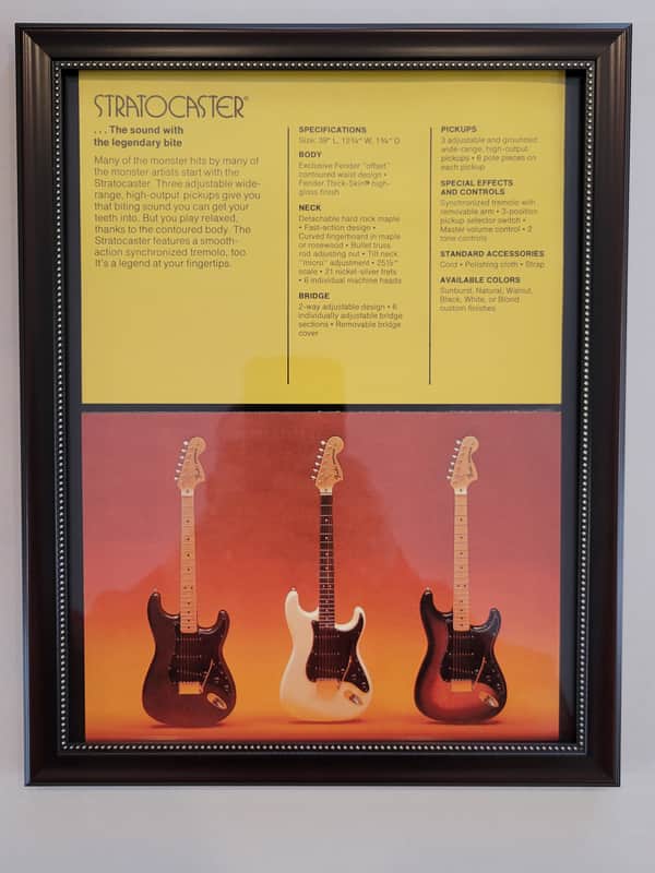 1975 Fender Guitars Dealer Color Promotional Ad Framed Fender Stratocaster Original image 1
