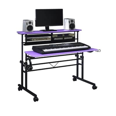 Adjustable Sit-and-Stand Music Studio Desk Workstation with 2 x 3U Rack – Durable Carbon Fiber Finish (Purple) image 1