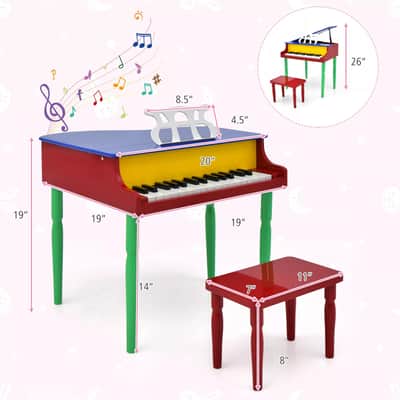 Classic 30-Key Baby Grand Piano Toy for Toddlers | Vibrant Wooden Piano with Bench | Perfect Birthday Gift for Children Ages 3-8 (MultiColor) image 2