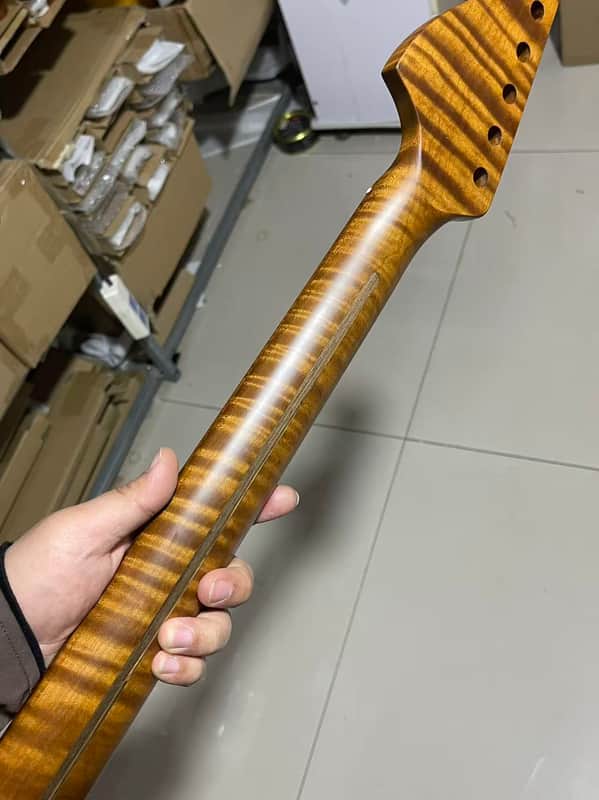 1 stainless steel 22 frets Large headstock S S 22frets Roasted flame Maple Electric guitar neck 25.5inch hole 10mm Satin image 1