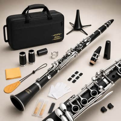 New Clarinet Set for Students Beginner / Student Ebonite Bb School Band Woodwind Instruments 2 Barrels, 3 Reeds and Mouthpiece Connectors, Hard Case, Cloth, Stand and More, Nickel-plated Keys image 1