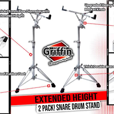 GRIFFIN Concert Stand-Up Snare Drum Stands (2-Pack) | Tall Adjustable Chrome Stand for Practice Pads & Drums | Extended-Height Hardware Mount Holder with Basket Clamp image 12