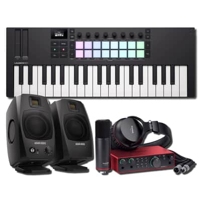 Novation Launchkey Mini 37 MK4 Mini MIDI Keyboard Controller Recording Bundle with Focusrite Scarlett 2i2 Studio 4th Gen, CM25 MkIII Condenser Microphone, SH-450 Headphones, and ADAM Audio D3V Black Desktop Monitors