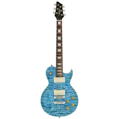 Aria Pro II PE-480 Quilted Maple Top Electric Guitar, See Thru Emerald Blue image 2