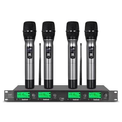 Pro Audio UHF Wireless Microphone System – 4 Channel, 4 Handheld Metal Dynamic Mics image 1