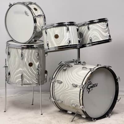 Gretsch 18/12/12/14/5.5x14" 60's Round Badge Bop Drum Set - White Satin Flame image 5