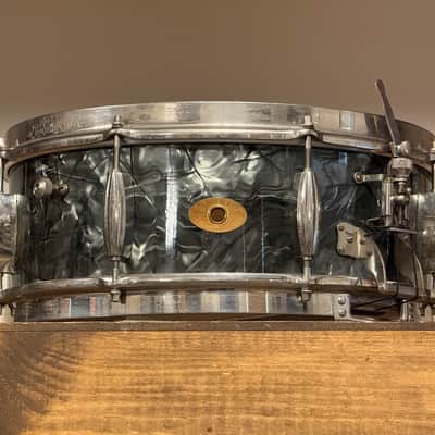 1950's Slingerland 5.5x14 Gene Krupa Radio King Black Diamond Pearl Snare Drum Solid Shell image 1