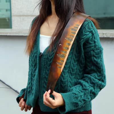 Burny Black Custom Guitar Strap - Pine trees Forest - Vegitable tanned leather For Acoustic or Electric Guitars made to order - oil image 13