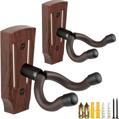 Guitar Wall Mount 2 Pack, Guitar Hanger, UShaped Guitar Wall Hanger Mount Guitar Holder Hook Wall Mount Guitar Accessories For Acoustic, Electric Guitar, Bass, Ukulele with 5 Picks (Walnut Color) image 1