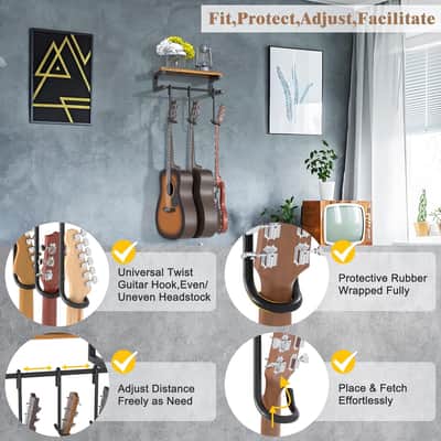 Rustic Guitar Wall Mount Shelf – 3-Guitar Hanger Rack with Detachable Hooks for Acoustic, Electric, Bass & Ukulele image 4