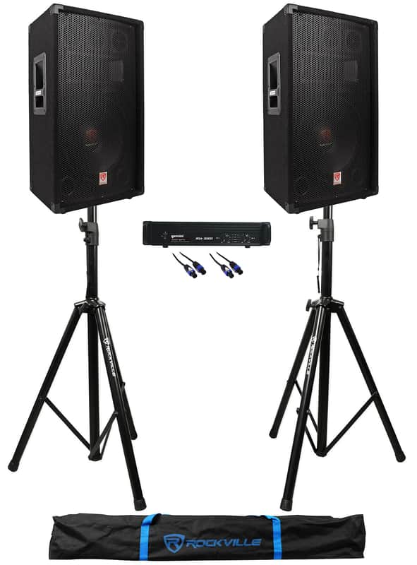 2) Rockville RSG12.4 12" 1000w DJ/Pro PA Speakers+Gemini Amplifier+Stands+Cables image 1
