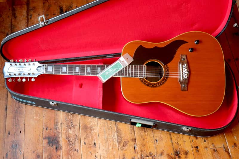 Light wood electric guitar resting on patterned rug, surrounded by vintage license plates.