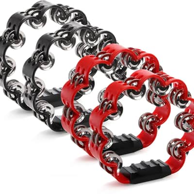 4 Pack Double Row Hand Held Percussion Tambourine, Metal Jingles Handled Tambourine Bells Music Instrument for Adult, Tambourine Lover, Christmas Gift, Red&Black image 1