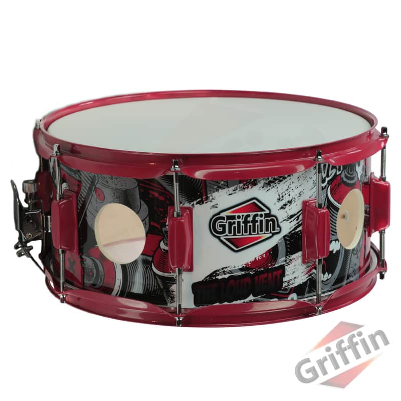 Birch Wood Shell Snare Drum by Griffin - 14" x 6 - 5" Oversize 2 - 5" Vents with Custom Graphic Wrap (Limited Edition) - Red Hardware with Drummers Key for Students & Pros 8 Tuning Lugs image 1