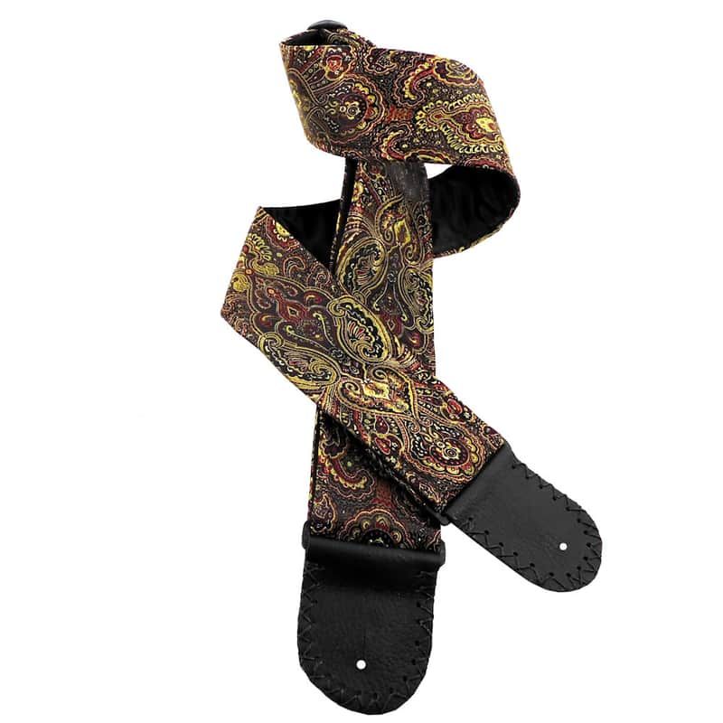 Gold Copper Black Handmade Guitar Strap Ornate India Paisley Satin Brocade image 1