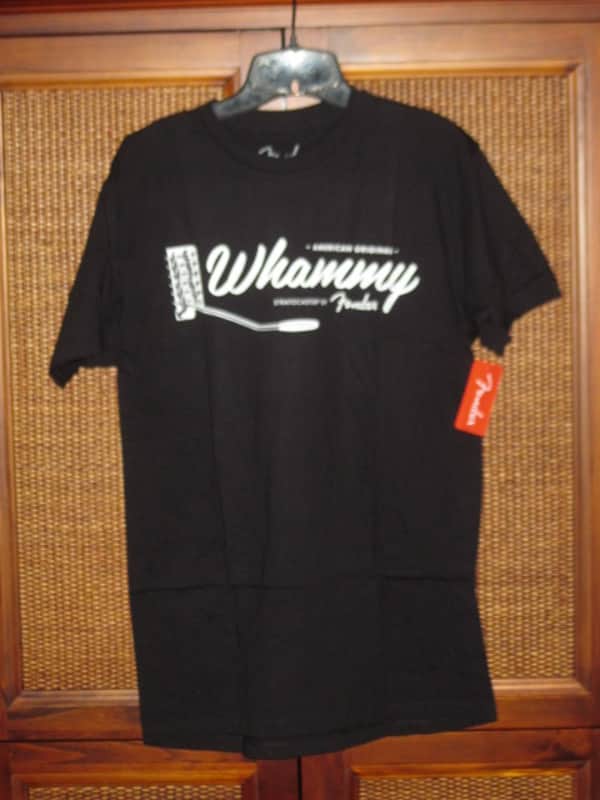 new (old stock) A+ shape with paper hang-tag & clear plastic packaging genuine Fender American Original Whammy Short Sleeve T-Shirt, Size Medium (M), part # (p/n): 9123013025, SHIRT: Black 100% Cotton / GRAPHIC: White, Gray, Silver image 1