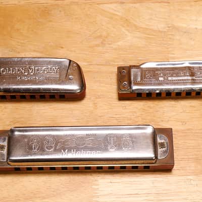 3 Vintage M Hohner Harmonicas Marine Band, Golden Melody & Blues Harp Keys G/C/G image 2