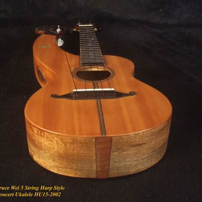 Handcrafted 5 String Harp Style Concert Ukulele, Solid Spruce, Mahogany, MOP Vine Inlay, Bruce Wei HU15-2002 image 10