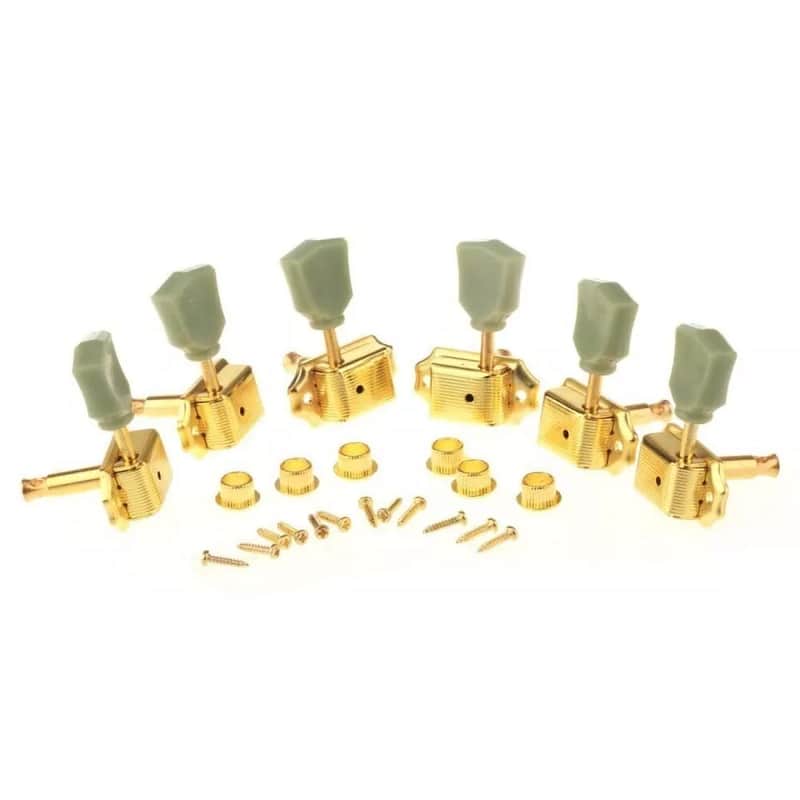Vintage-Style Gold 3x3 LP Guitar Tuning Pegs – Les Paul Tuners with Emerald Green Knobs, Includes Hardware image 1