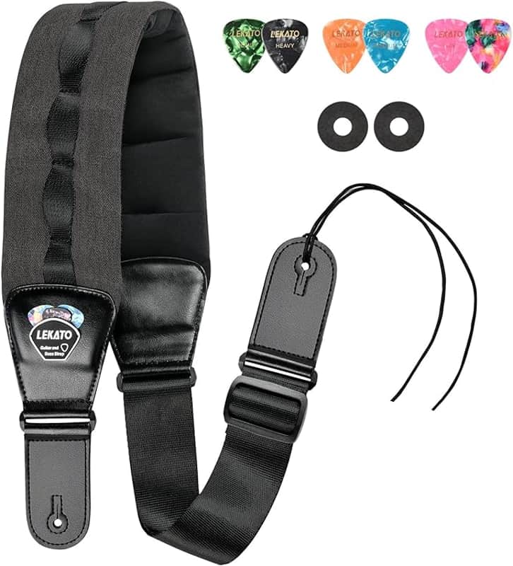 Bass Guitar Strap for Heavy Bass, Guitars with 3.5” Wide Guitar Strap Padded Thickened Foam Bass Strap Adjustable Length from 45" to 55" Bass Guitar Straps with 2 Strap Locks & 6 Picks image 1