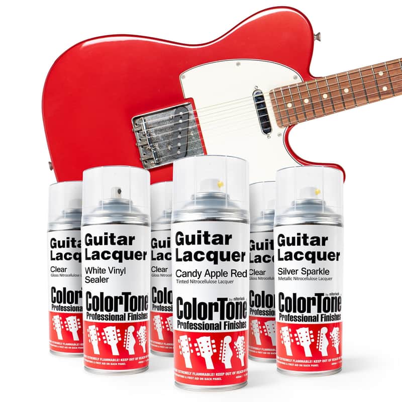 ColorTone Candy Apple Red Aerosol Finishing Set with Silver Sparkle Base – Classic Fender-Inspired Translucent Nitro Guitar Finish with Silver Sparkle Undercoat and Clear Gloss Topcoat for Vintage Electric Guitars image 1