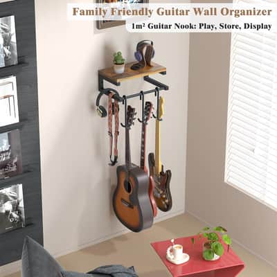 Rustic Guitar Wall Mount Shelf – 3-Guitar Hanger Rack with Detachable Hooks for Acoustic, Electric, Bass & Ukulele image 2