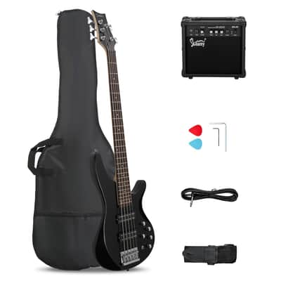 Glarry GIB 5 String Bass Guitar Full Size Open-coil HH Pickup Black + 20W Amplifier image 1