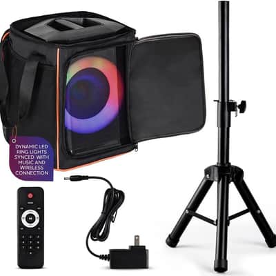 Portable Bluetooth Speaker with 8" Inch Woofer, TWS, Mic Input, USB/SD/FM Radio, Colorful Ring Lights, 120 W Rechargeable Battery, Tripod Stand & Speaker Bag, Hi-Fi Sound, Outdoor/Indoor Use image 1