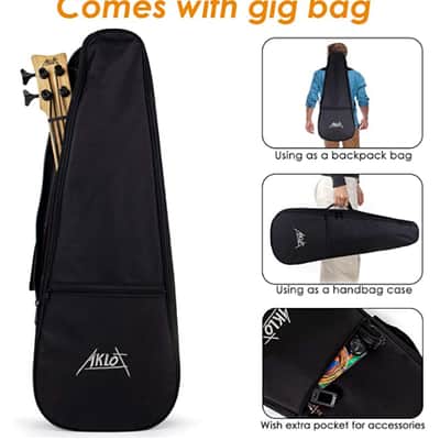 AKLOT Acoustic-Electric Bass Ukulele bamboo with soft case, humidifier, strap and tuning key image 6