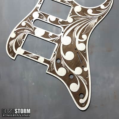 Engraved Cherry Wood Pickguard & Free Tremolo Cover Design #2 for Fender Stratocaster SSS, HSS, HSH Setups Available image 1