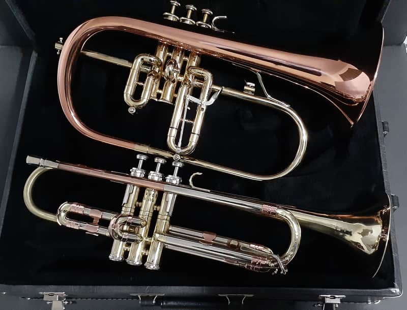 Blessing Flugelhorn & GETZEN Super Deluxe Trumpet W Combo Case & MP's - Clear Lacquer / Raw Brass image 1