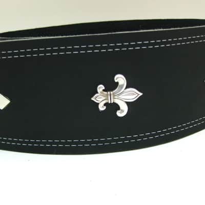 Tricked Out Leather- Black Leather -Guitar Strap- Fleur de Lis Conchos Silver Diamonds image 1