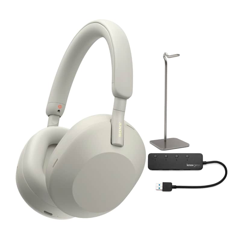 Sony WH-1000XM5 Wireless Noise Canceling Over-Ear Headphones (Silver) with Knox Gear 4-Port USB 3.0 Hub and Alloy Headphone Stand Bundle (3 Items) image 1