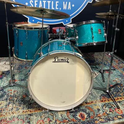 Premier 4-Piece Drum Set, 22", 16", 12" and 14x5.5" Matching Snare Drum, Hardware and Cases, All Original!! 1966 - Aquamarine Sparkle image 3