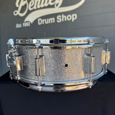 Vintage 60's Rogers Powertone 5x14 Snare Drum in Silver Sparkle with Slingerland Stick Saver Hoops (Rm4) image 3