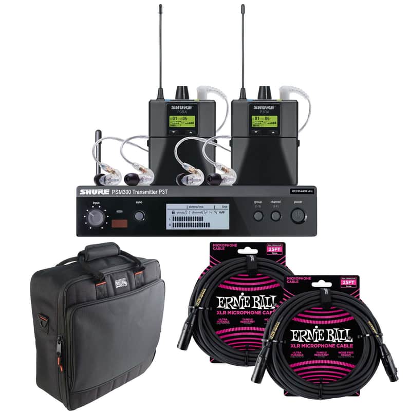Shure PSM300 Twin Pack Pro P3TRA215TWP Wireless In-ear - G20 - Gator G-MIXERBAG-1515 - (2) ErnieBall XLR 25FT Bundle image 1
