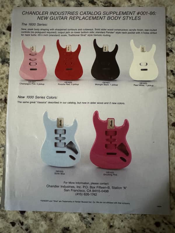 Chandler Stratocaster Replacement Body Brochure & Dealer Price List 1986 image 1