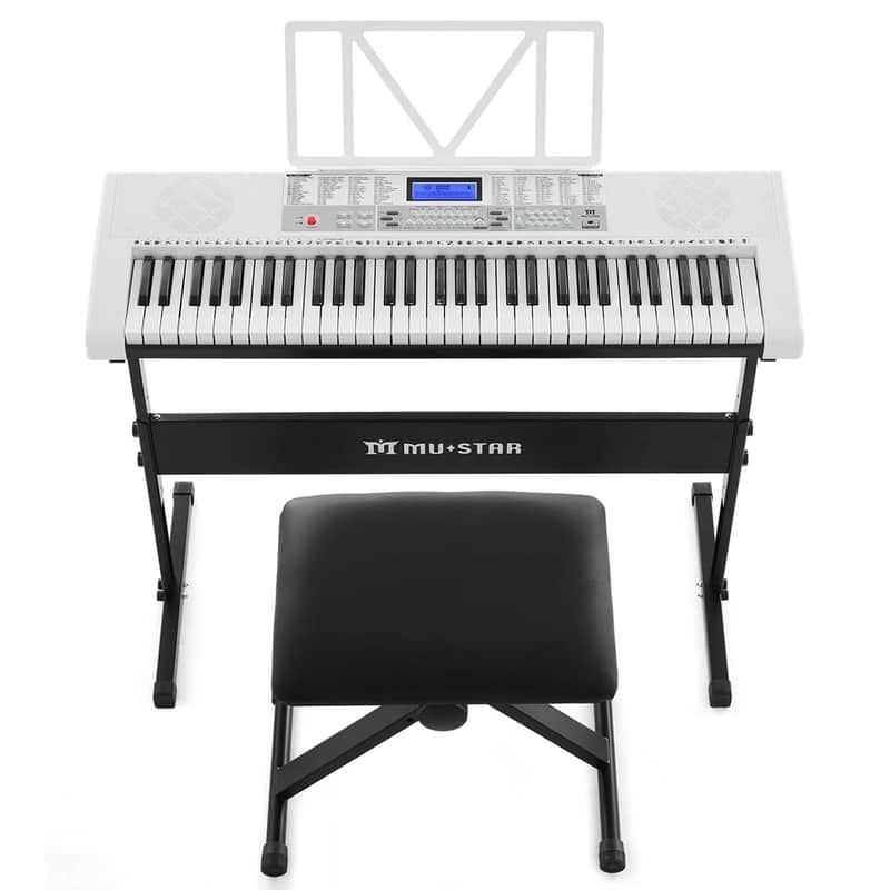 MUSTAR White 61Key Lighted Up Electric Keyboard Bench,Stand,Headphone,Microphone image 1
