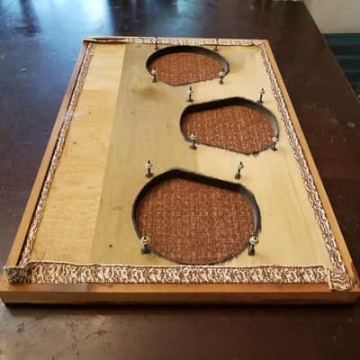 The Fisher Beautiful 3x8 speaker grille baffle cab front with vintage cloth 1958 - brown and tan, stained wood image 7