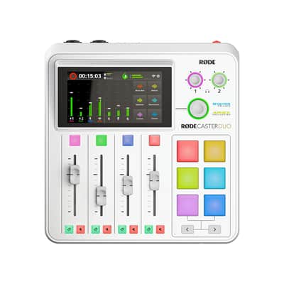 Rode RODECaster Duo Streaming Mixer (White) with StreamEye PDM-3 Podcast Equipment Bundle and microSD Card with Adapter image 2