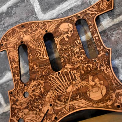 Wood Pickguard for Stratocaster HSS and SSS Laser engraved Real Cherrywood with Unique Artwork "Stumble" image 4