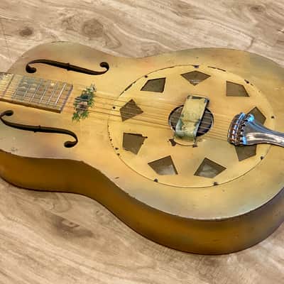 National Triolian "Anemone Bouquet" 1928 Yellow, very early wood body Tricone resonator guitar. image 5