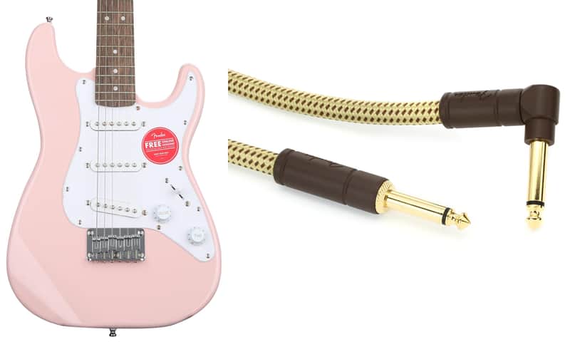 Squier Mini Strat Electric Guitar- Shell Pink with Laurel Fingerboard  Bundle with Fender 0990820086 Deluxe Series Straight to Right Angle Instrument Cable - 15 foot Tweed image 1