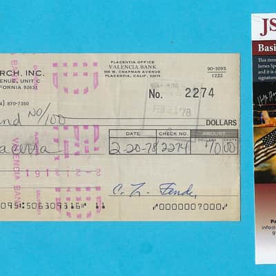 Leo Fender 1978 C.L.F. Research, Inc. Signed Business Check JSA Certificate of Authenticity RARE image 1