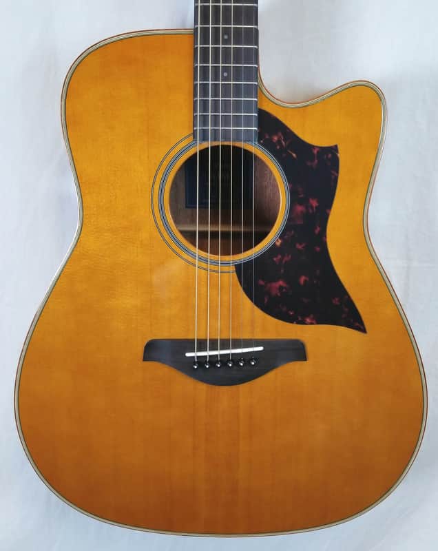 Mint Yamaha Solid Sitka Spruce Top Cutaway Folk Acoustic/Electic Guitar, Mahogany, Vintage Natural image 1