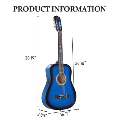 Cxxss 38-inch Round Acoustic Guitar with Picks, Strings, Capo, Case - Blue image 9